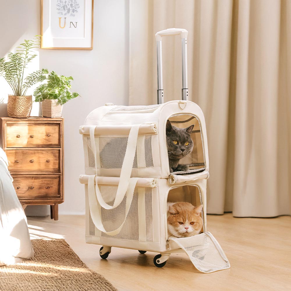 Double-Layer Rolling Multi-Cat Travel Carrier Cream