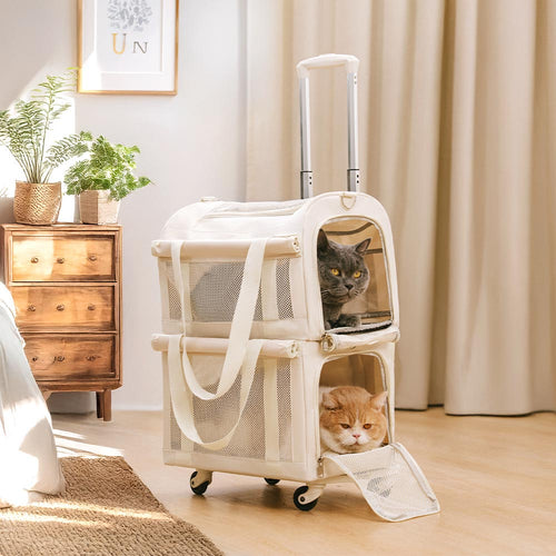 Double-Layer Rolling Multi-Cat Travel Carrier Cream