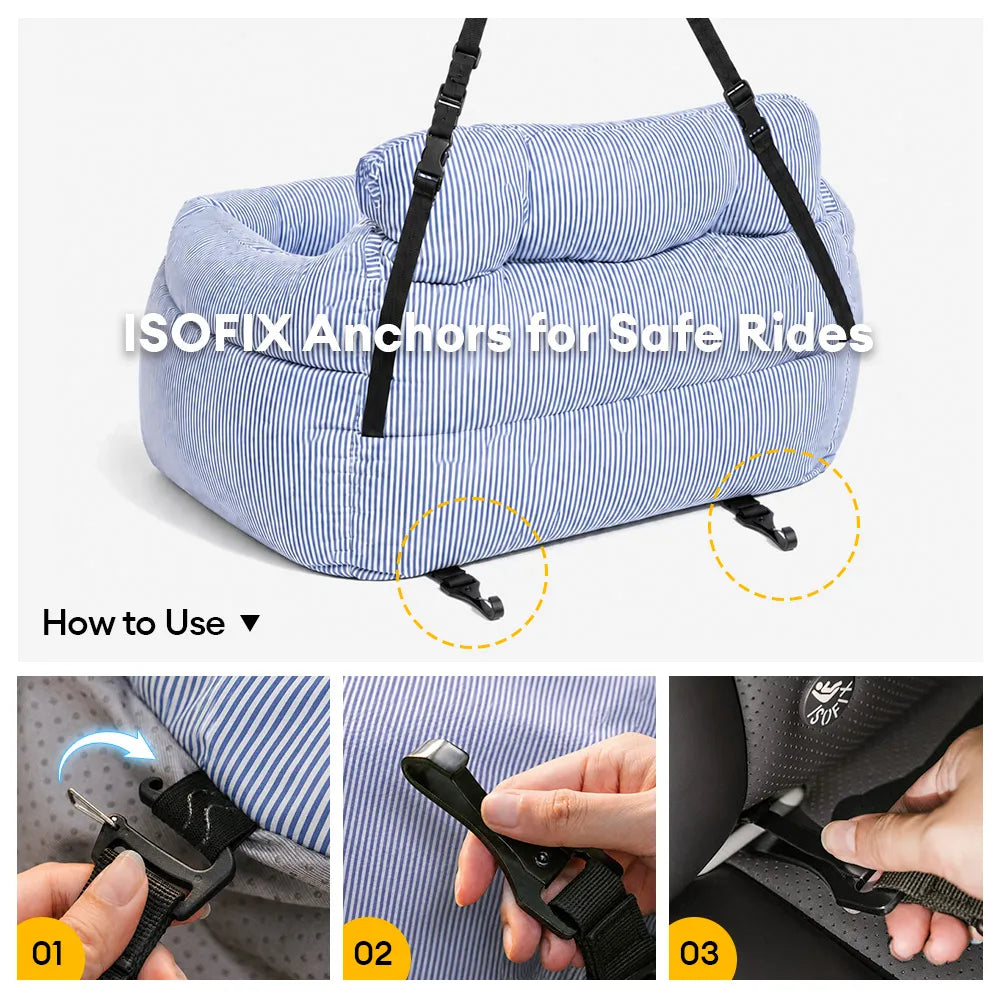 Portable ISOFIX Dog Car Seat Bed with LATCH Anchors Blue Stripe Two Seat