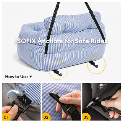 Portable ISOFIX Dog Car Seat Bed with LATCH Anchors Blue Stripe Two Seat