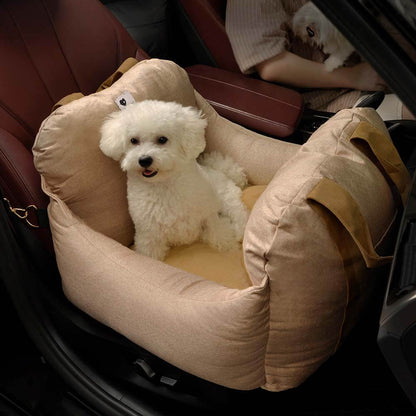 Bolstered Dog Car Seat Bed for Back Seat Travel Khaki Single Seat