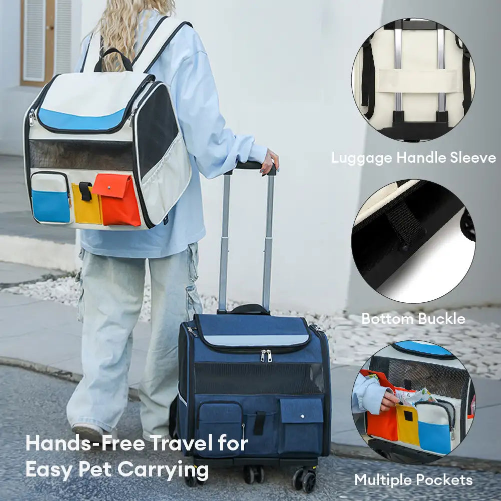 Rolling Pet Backpack Carrier with Detachable Trolley Blue With Trolley