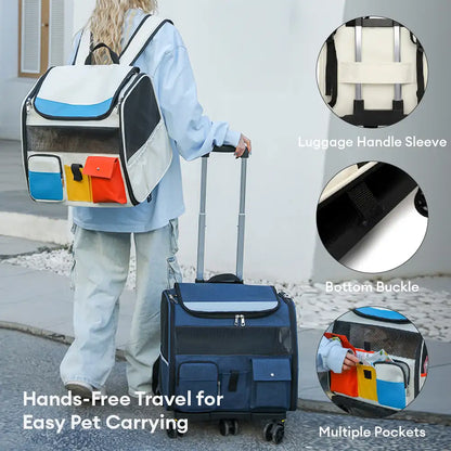 Rolling Pet Backpack Carrier with Detachable Trolley Blue With Trolley