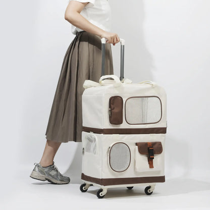 Double-Layer Foldable Cat Carrier with Trolley