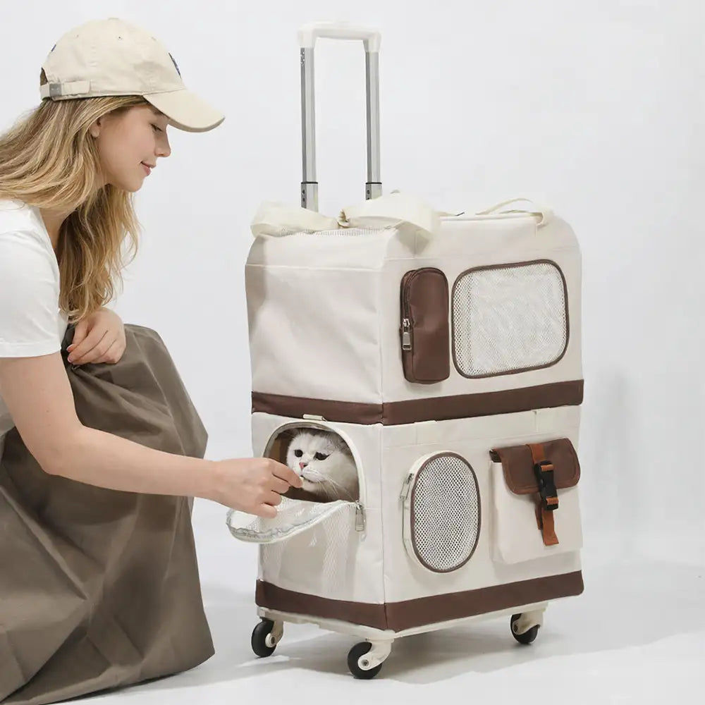 Double-Layer Foldable Cat Carrier with Trolley Upper Bag