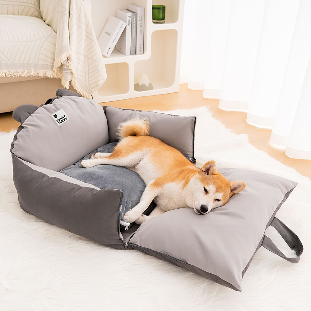 Bear Ear Bolster Dog Car Seat Bed Khaki Two Seat
