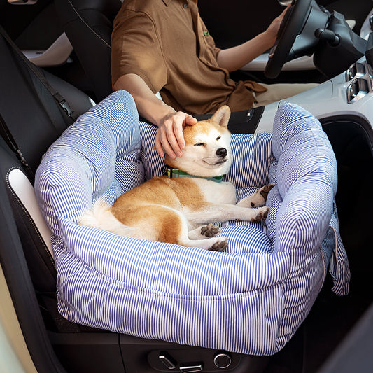 Portable Bolster Dog Car Seat Bed for Road Trips Blue Stripe Single Seat