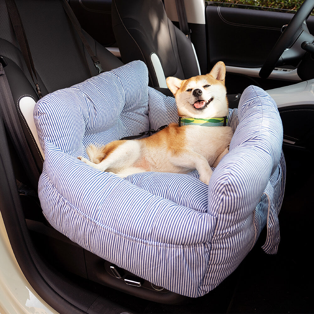 Portable Bolster Dog Car Seat Bed for Road Trips Blue Stripe Two Seat