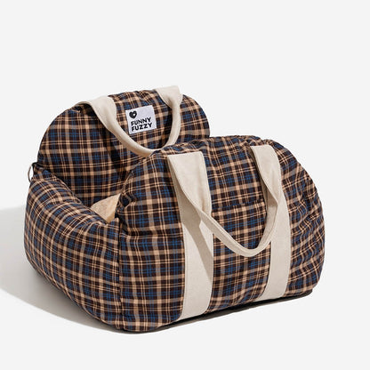 Vintage Plaid Dog Car Seat Bed Dark Blue Tartan Two Seat