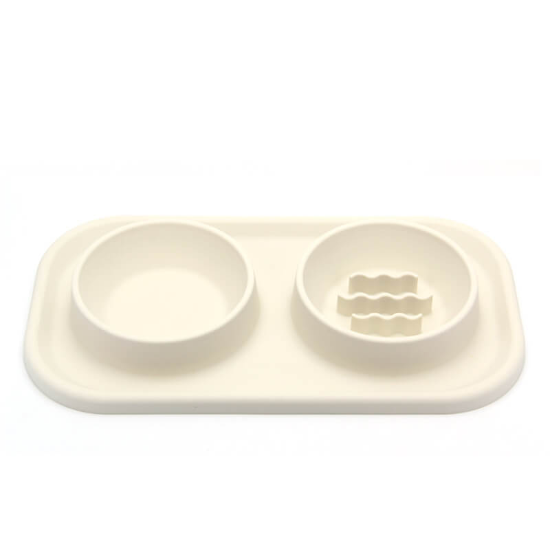 Silicone Dual Bowl Slow Feeder for Dogs and Cats Beige/Double Bowl+Stainless Steel Bowl