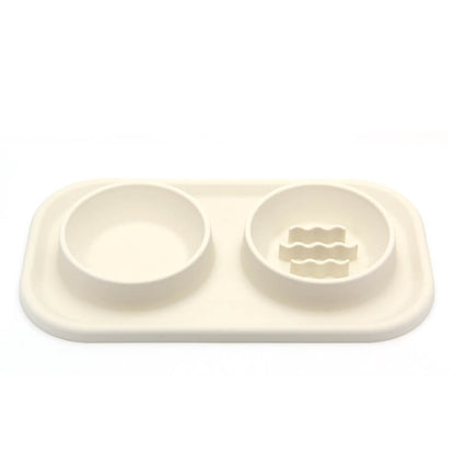Silicone Dual Bowl Slow Feeder for Dogs and Cats Beige/Double Bowl+Stainless Steel Bowl