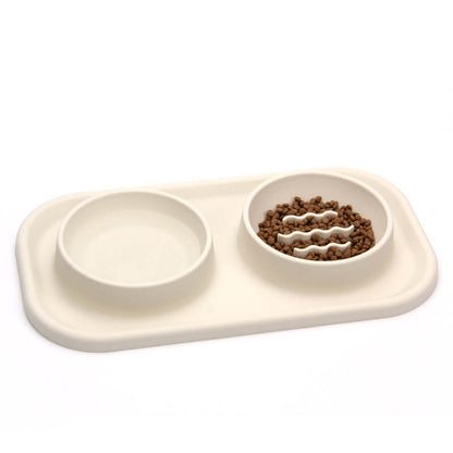 Silicone Dual Bowl Slow Feeder for Dogs and Cats Beige/Silicone Double Bowl