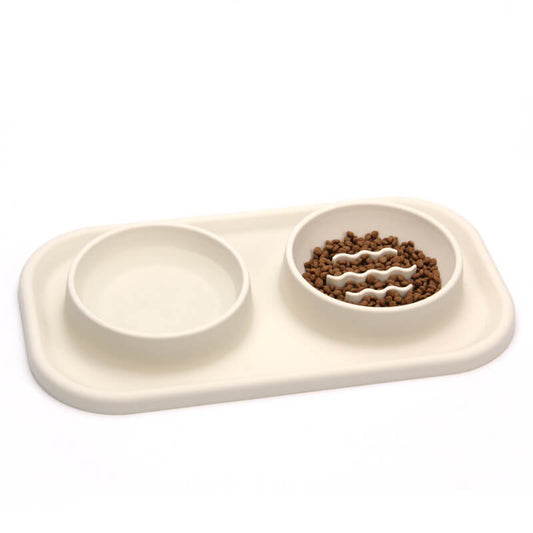 Silicone Dual Bowl Slow Feeder for Dogs and Cats Beige/Silicone Double Bowl