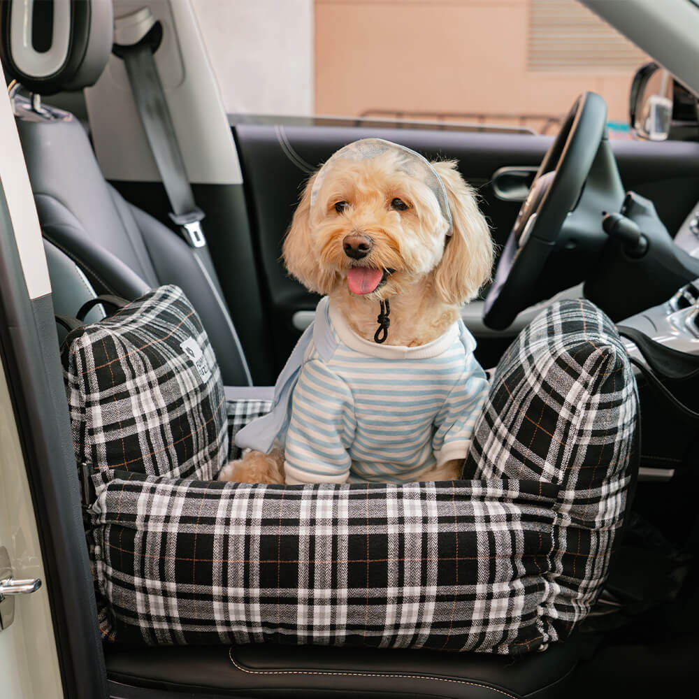 Vintage Plaid Dog Car Seat Bed Dark Blue Tartan Single Seat