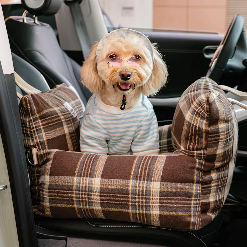 Vintage Plaid Dog Car Seat Bed Brown Tartan Single Seat