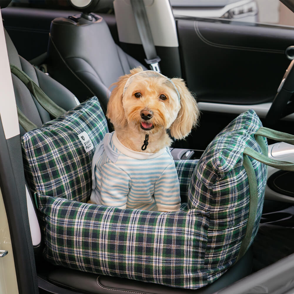 Vintage Plaid Dog Car Seat Bed Brown Tartan Two Seat